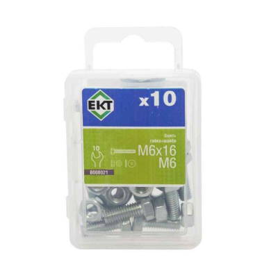 Болт 6-гранный с гайкой, усил.шайбой 6х16 цинк,прочн.5.8 DIN933 М6 (уп=10шт)_BOX