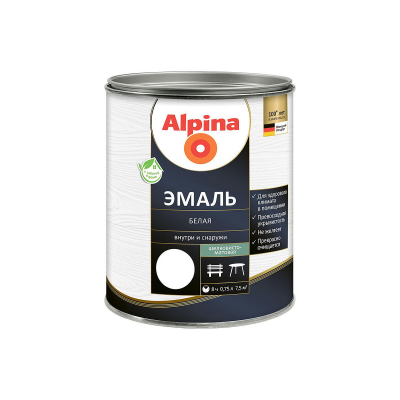 Эмаль Alpina алкид. белая шелковисто-матовая, 0,75л/ 0,89кг