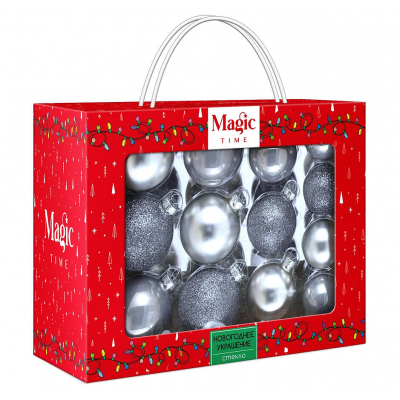 Набор шаров елочных 5/6/7см MAGIC TIME 90749 стекло серебряный 26шт/уп