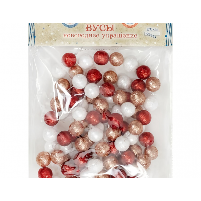 Украшение елочное 170x1,5см MAGIC TIME Бусы пластик красный/белый/золотой 86390