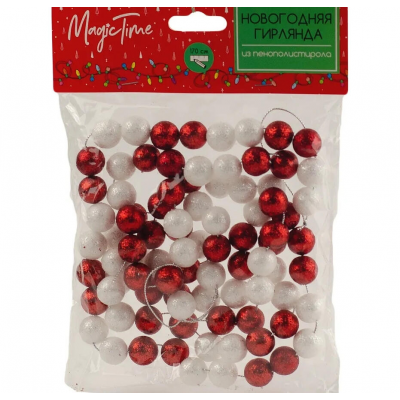 Украшение елочное 170x1,5см MAGIC TIME Бусы пластик красный/белый 86392
